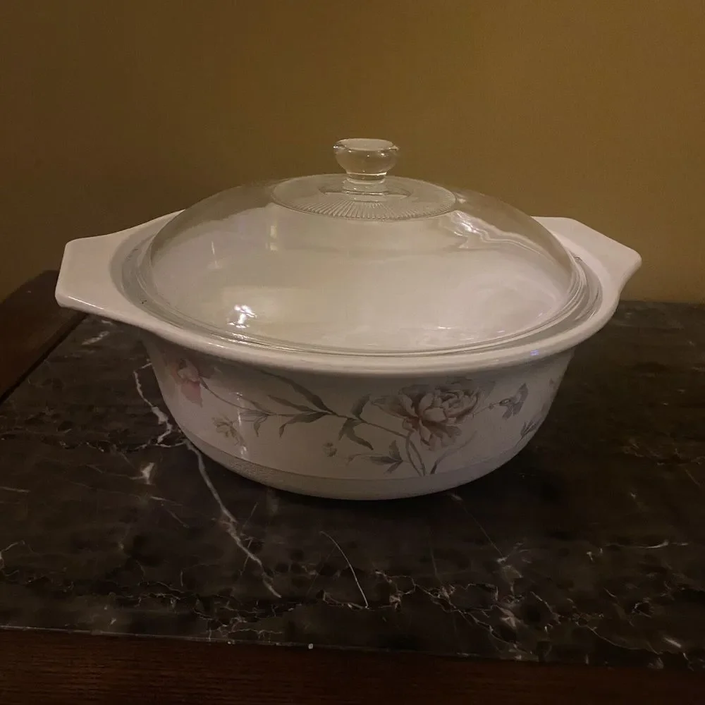Home Beautiful Fire & Ice Casserole Dish/ Lid  AA015 Serena White Floral Vintage
